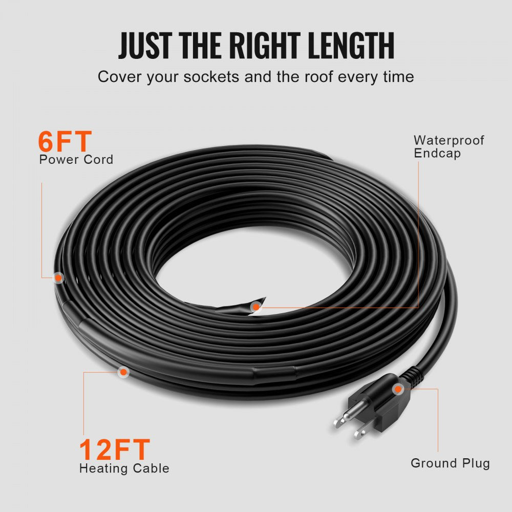 Self-regulating 12FT pipe heating cable with a 6FT power cord for winter protection.