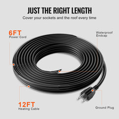 Self-regulating 12FT pipe heating cable with a 6FT power cord for winter protection.