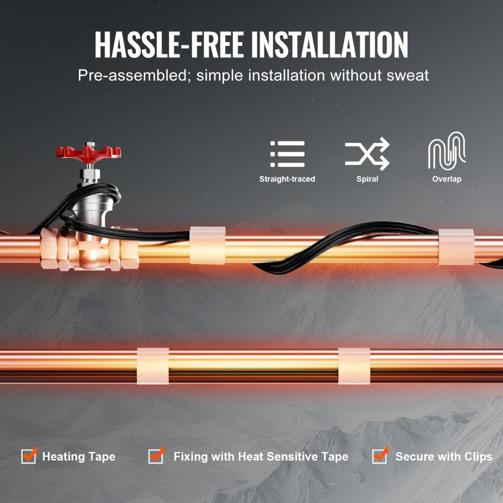 Bostome self-regulating pipe heating cable, 12FT long with a 6FT power cord for easy installation.