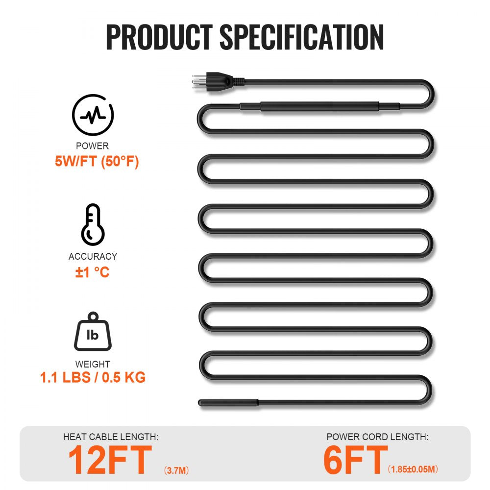 Self-regulating pipe heating cable, 12FT length, designed to prevent frozen pipes in winter.