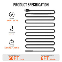 Bostome 50FT self-regulating pipe heating cable with durable construction and waterproof rating.