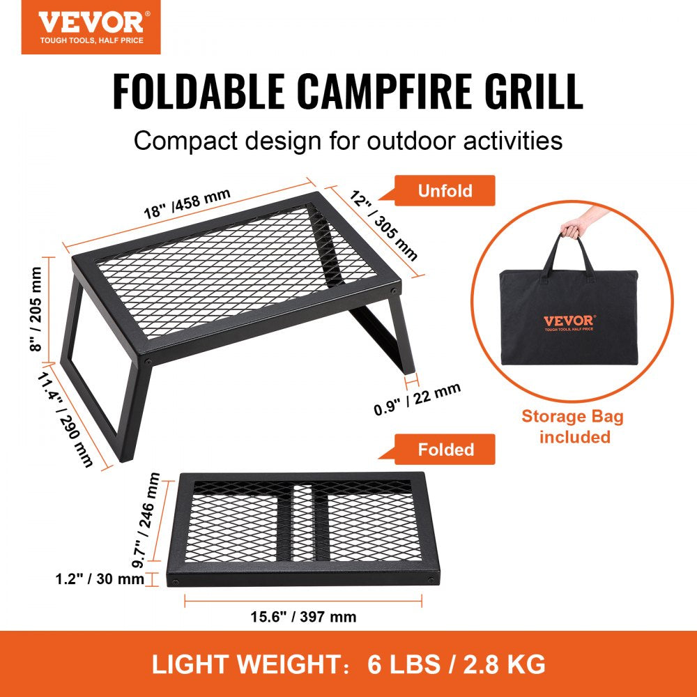 Folding Campfire Grill, Heavy Duty Steel Mesh Grate, 18" Portable Camping Grates Over Fire Pit, Camp Fire Cooking Equipment with Legs Carrying Bag, Grilling Rack for Outdoor Open Flame Cooking