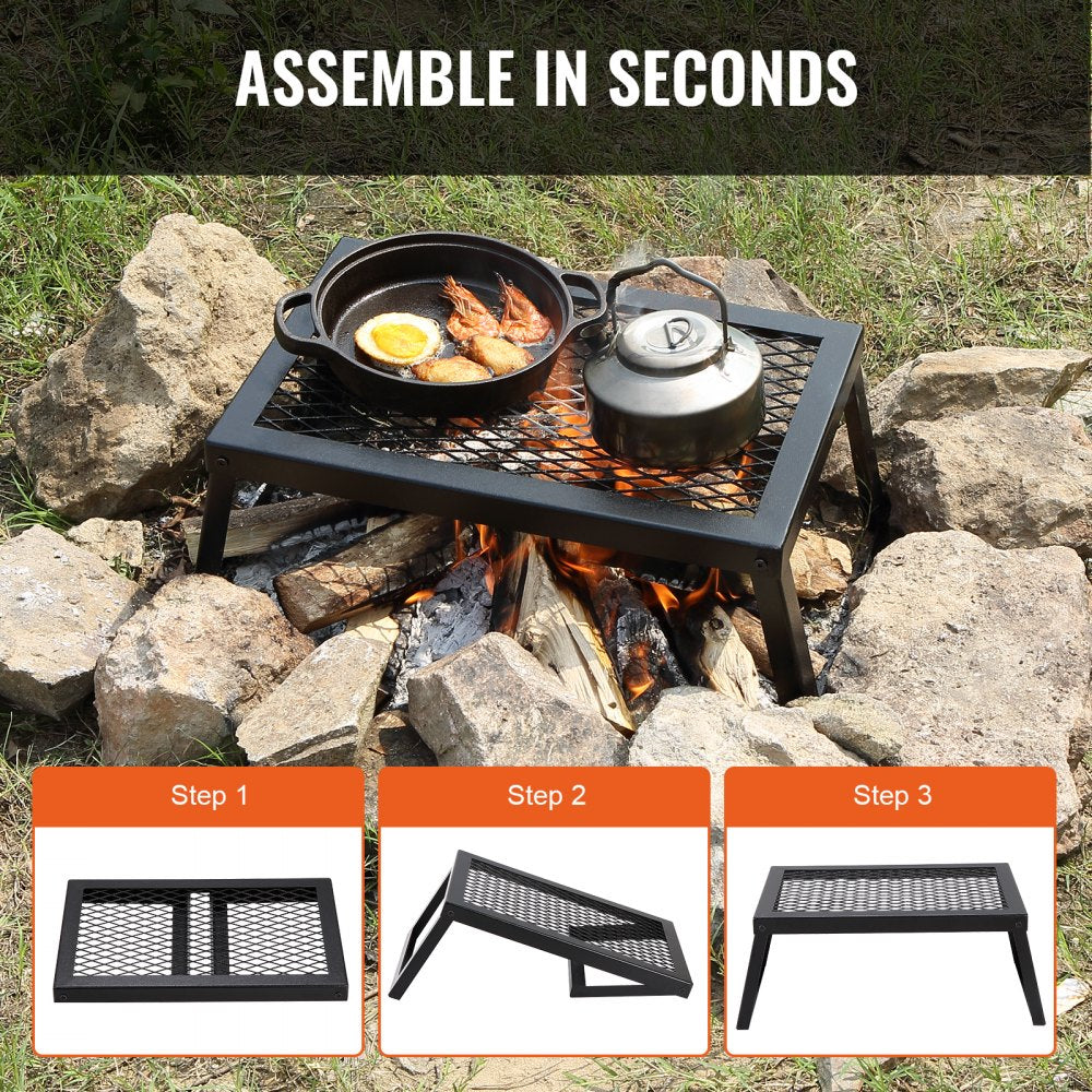 Folding Campfire Grill, Heavy Duty Steel Mesh Grate, 18" Portable Camping Grates Over Fire Pit, Camp Fire Cooking Equipment with Legs Carrying Bag, Grilling Rack for Outdoor Open Flame Cooking