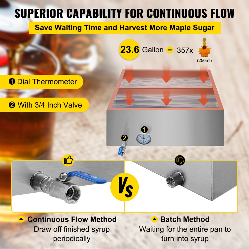 2`x2` Flow Divided Maple Syrup Pan w/Valve, Therm, Plugs. Evaporator