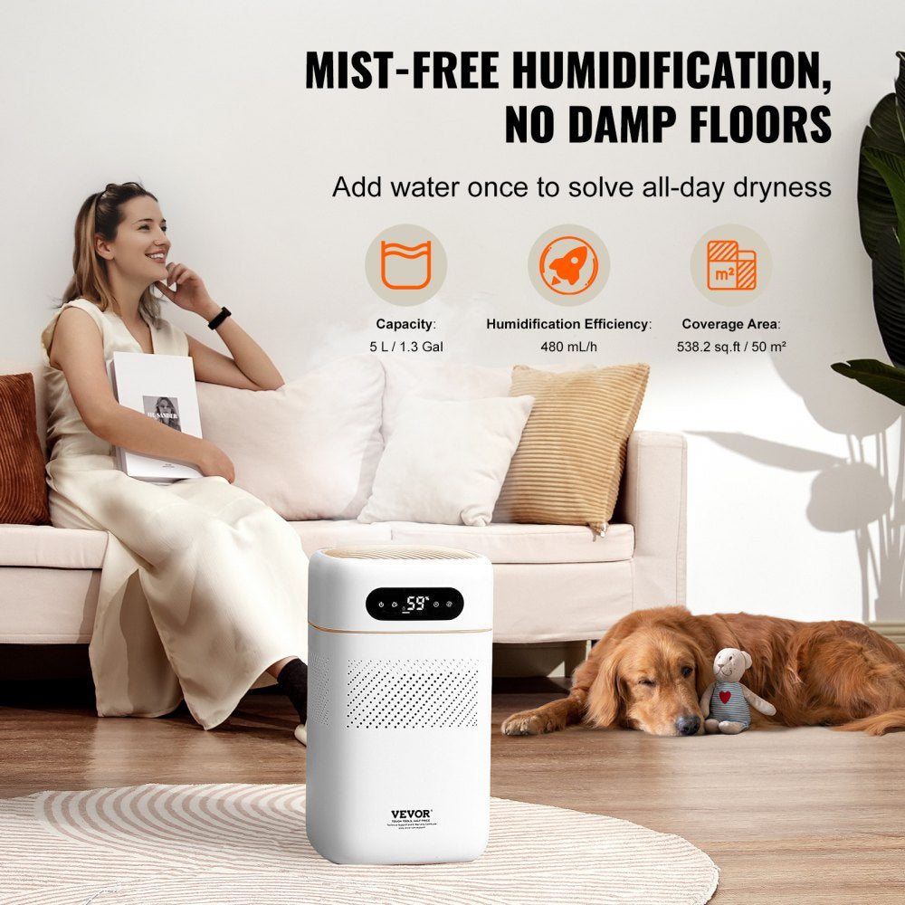 White Bostome 5L evaporative humidifier with digital display, beside a woman and dog on a couch.