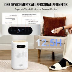 A white humidifier with a digital display showing 47%, a remote, and a person operating it.