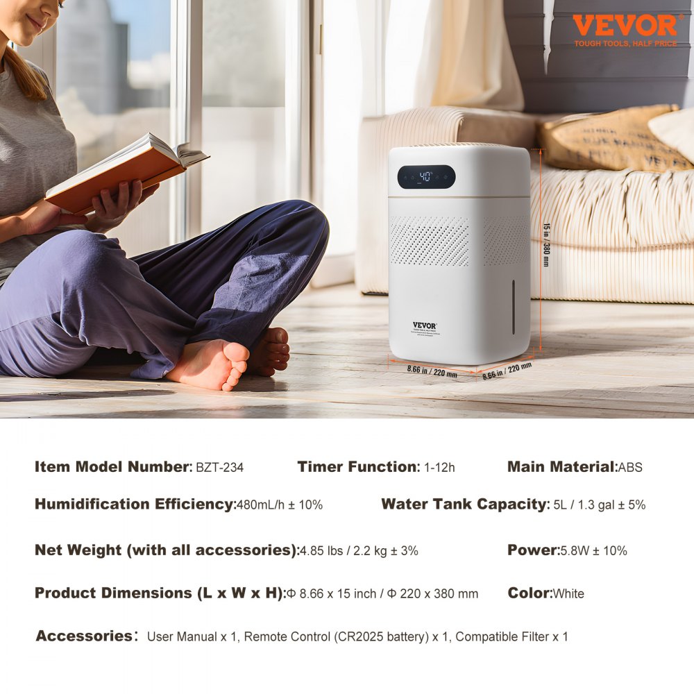 White Bostome 5L evaporative humidifier with remote and timer, covering 538 sq ft.