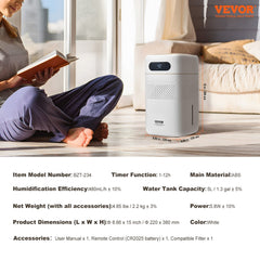 White Bostome 5L evaporative humidifier with remote and timer, covering 538 sq ft.