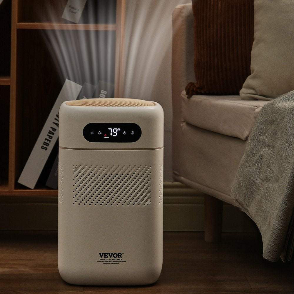 White Bostome 5L evaporative humidifier with digital display on wooden floor.
