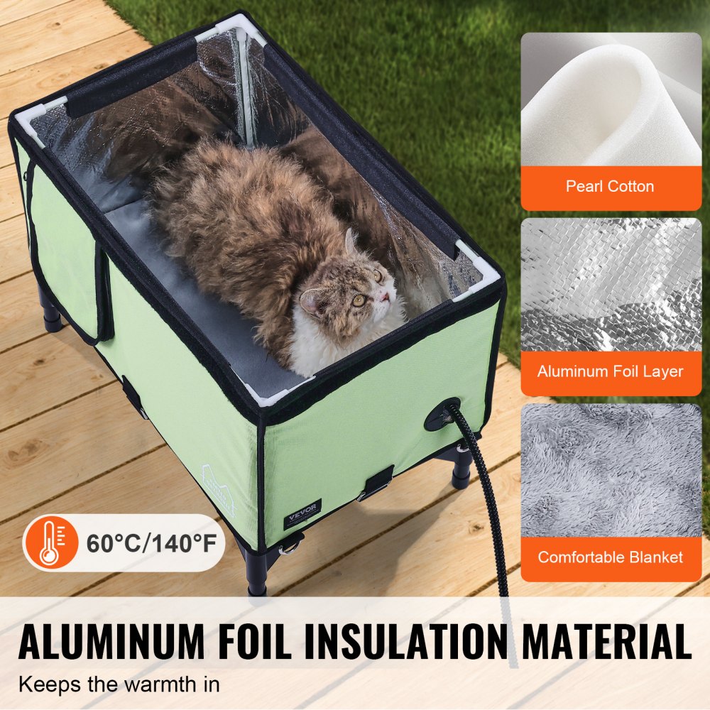 Green waterproof elevated heated cat house with a spacious interior and insulated design.