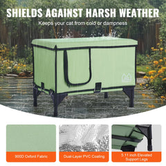 Green elevated heated cat house with waterproof design and spacious interior for medium-small cats.