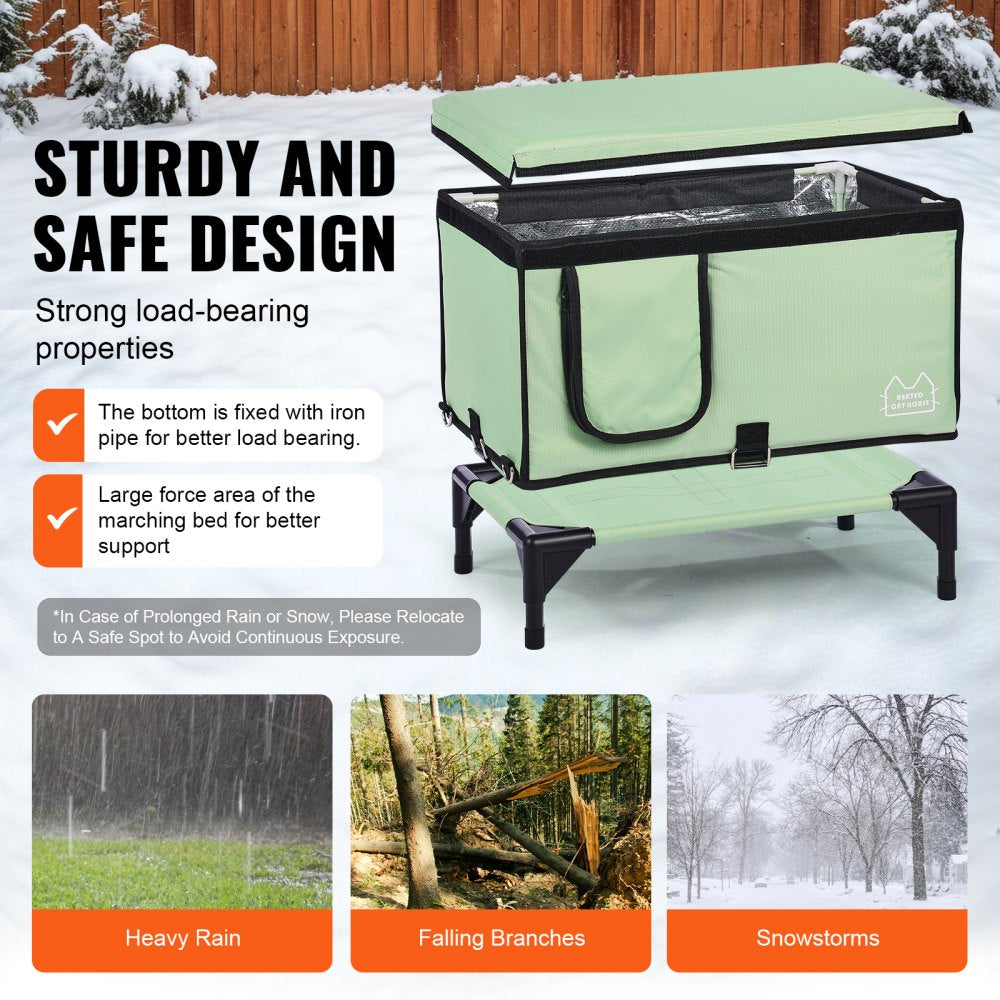 Green elevated heated cat house with waterproof design and spacious interior for medium-small cats.