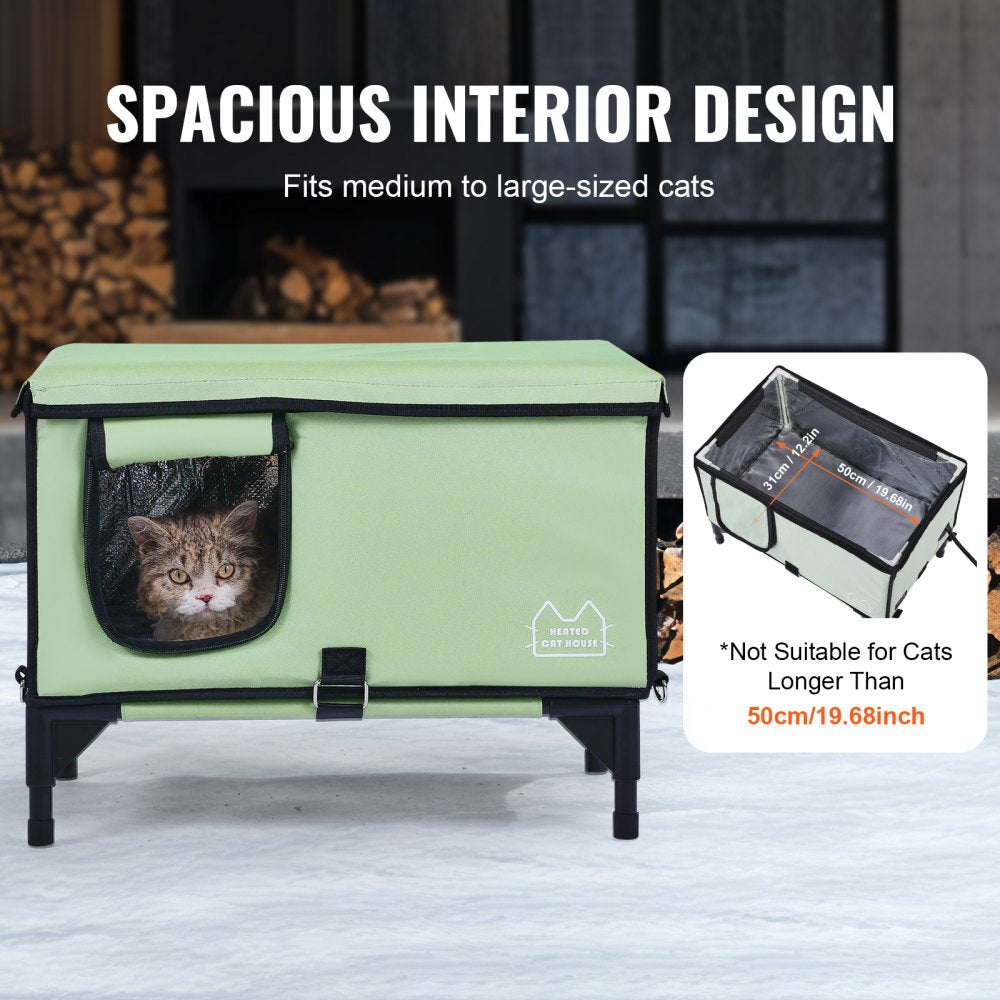 Green elevated heated cat house with waterproof design and spacious interior for medium-small cats.