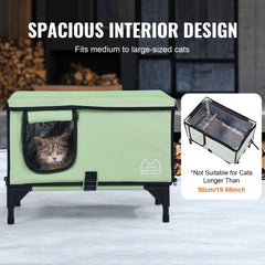 Green elevated heated cat house with waterproof design and spacious interior for medium-small cats.