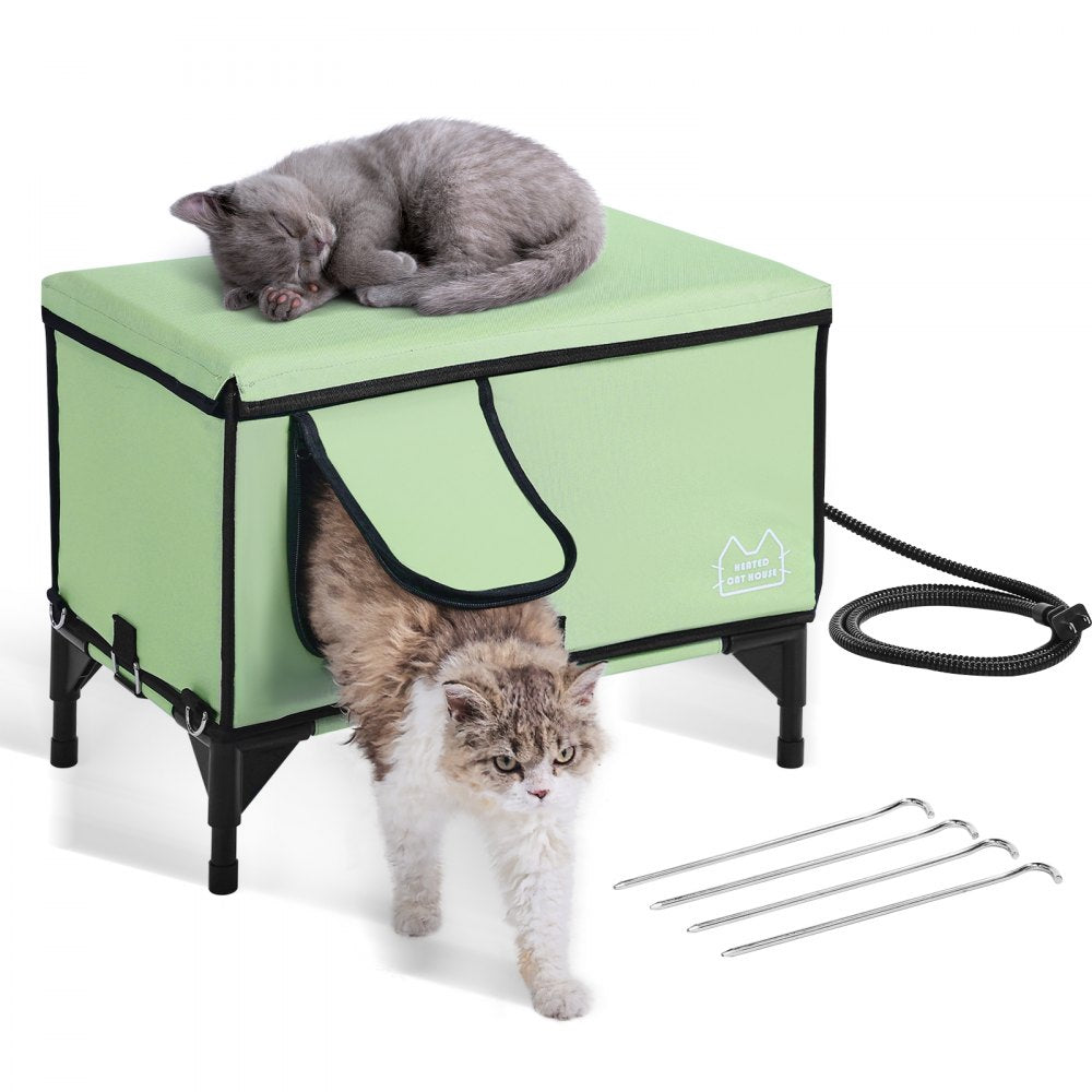 Green elevated heated cat house with waterproof design and spacious interior for medium-small cats.