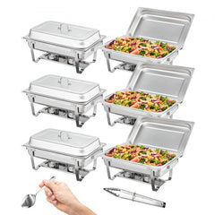Chafing Dish Buffet Set, 8 Qt 6 Pack, Stainless Chafer with 6 Full Size Pans, Rectangle Catering Warmer Server with Lid Water Pan Folding Stand Fuel Holder Tray Spoon Clip, at Least 8 People Eac