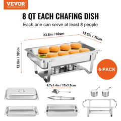 Chafing Dish Buffet Set, 8 Qt 6 Pack, Stainless Chafer with 6 Full Size Pans, Rectangle Catering Warmer Server with Lid Water Pan Folding Stand Fuel Holder Tray Spoon Clip, at Least 8 People Eac