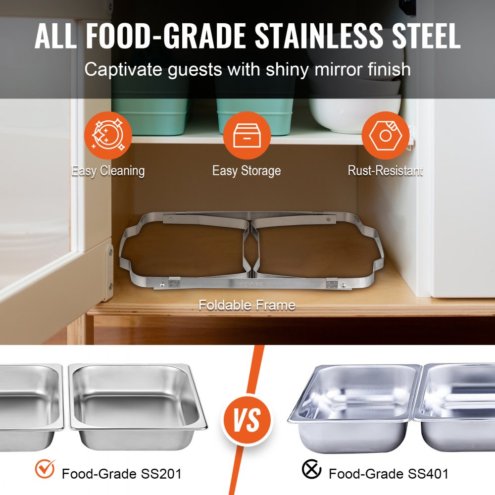 Chafing Dish Buffet Set, 8 Qt 6 Pack, Stainless Chafer with 6 Full Size Pans, Rectangle Catering Warmer Server with Lid Water Pan Folding Stand Fuel Holder Tray Spoon Clip, at Least 8 People Eac