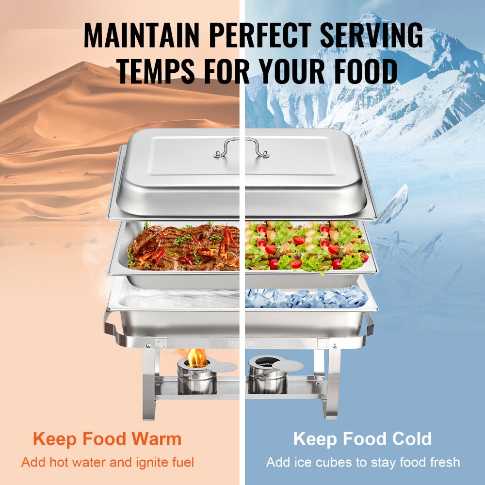 Chafing Dish Buffet Set, 8 Qt 6 Pack, Stainless Chafer with 6 Full Size Pans, Rectangle Catering Warmer Server with Lid Water Pan Folding Stand Fuel Holder Tray Spoon Clip, at Least 8 People Eac
