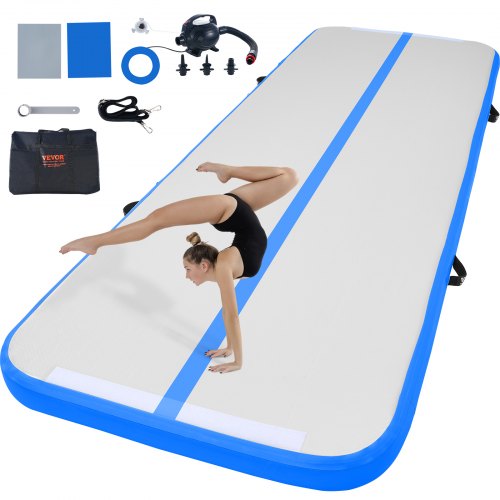 10ft blue inflatable gymnastics air mat, 4 inches thick with anti-slip surface and reinforced seams.