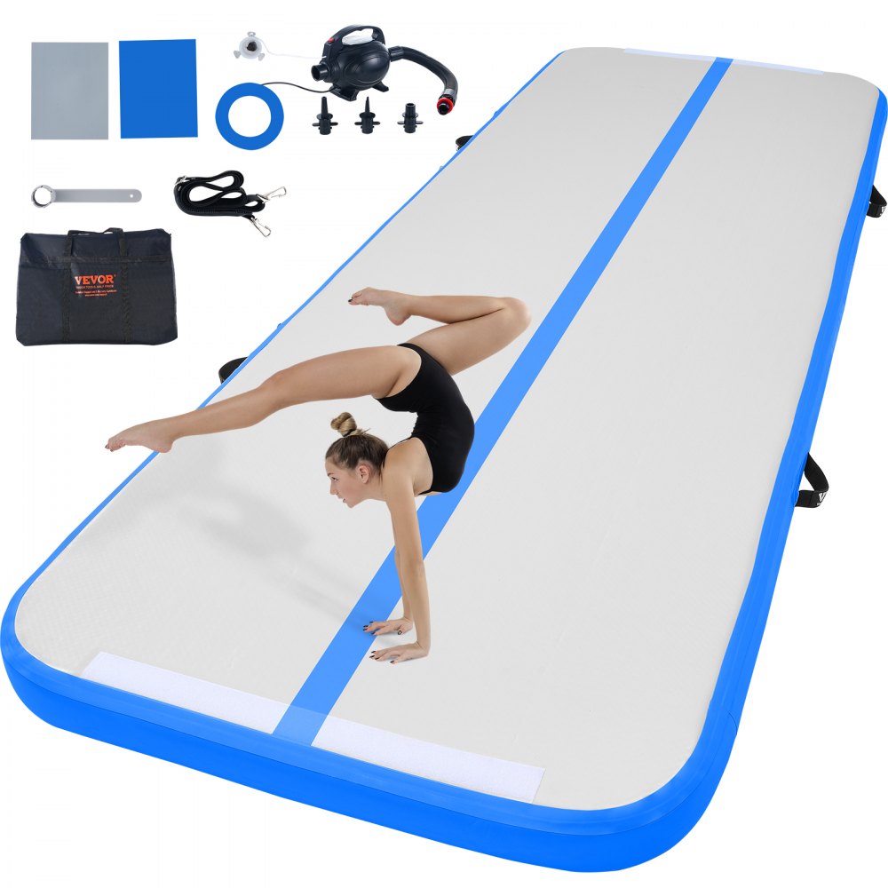 Blue 10ft inflatable gymnastics air mat, 4 inches thick with anti-slip surface and pump.