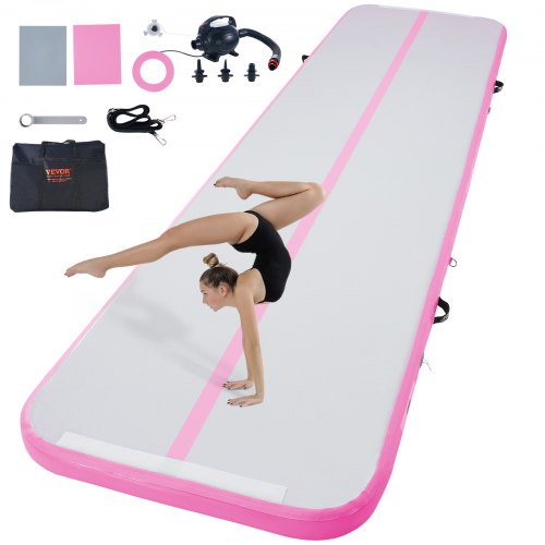 13ft pink inflatable gymnastics air mat with 4-inch thickness, shown with accessories and a gymnast performing.