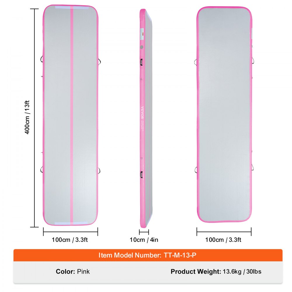 13ft pink inflatable gymnastics air mat, 4 inches thick, with dimensions and model details.