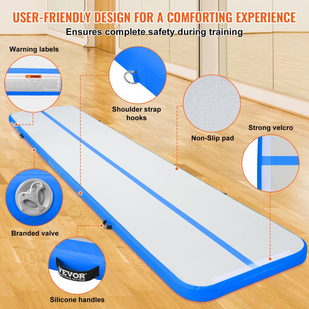 Gymnastics Air Mat, 4 inch Thickness Inflatable Gymnastics Tumbling Mat, Tumble Track with Electric Pump, Training Mats for Home Use/Gym/Yoga/Cheerleading/Beach/Park/Water, 16 ft, Blue
