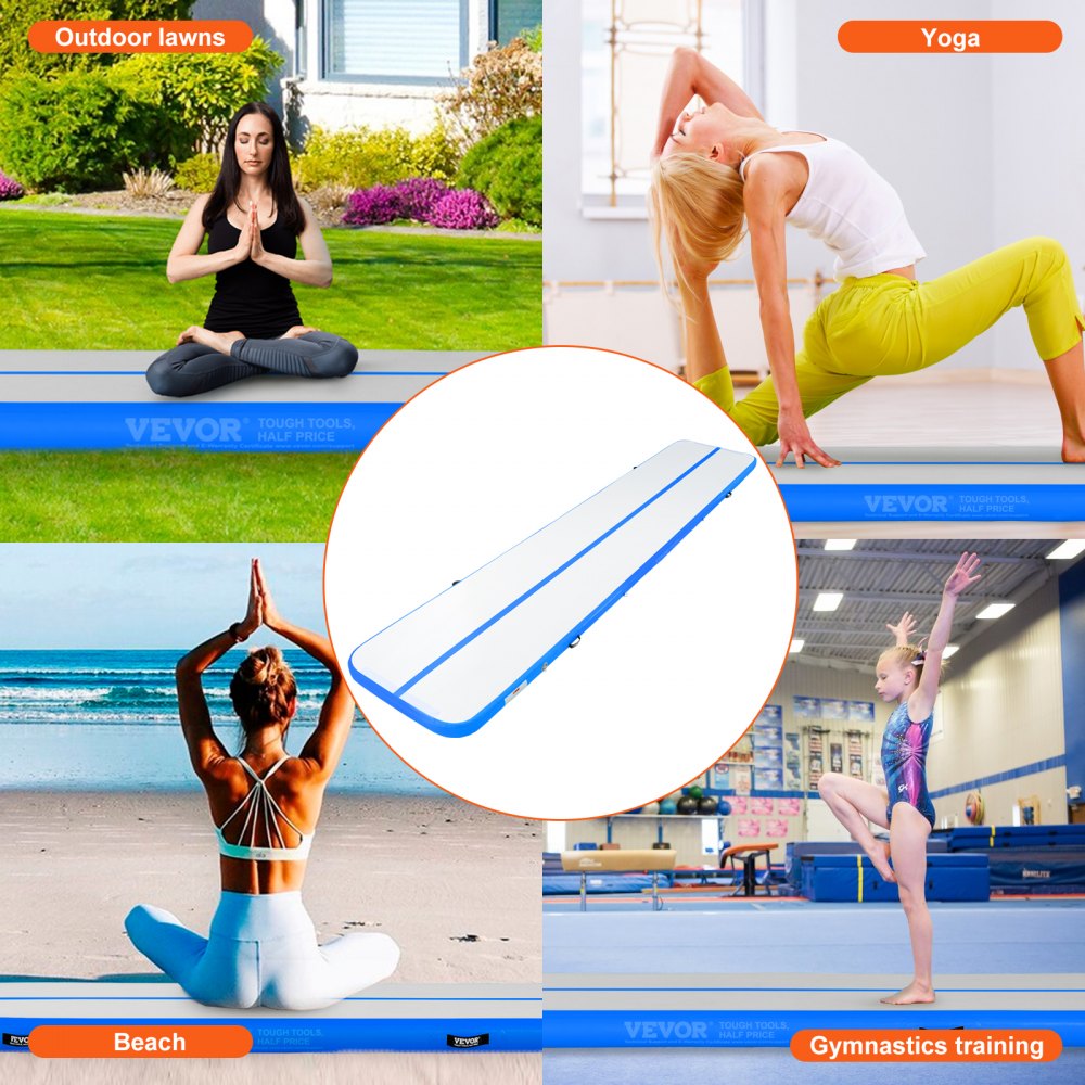 Gymnastics Air Mat, 4 inch Thickness Inflatable Gymnastics Tumbling Mat, Tumble Track with Electric Pump, Training Mats for Home Use/Gym/Yoga/Cheerleading/Beach/Park/Water, 16 ft, Blue