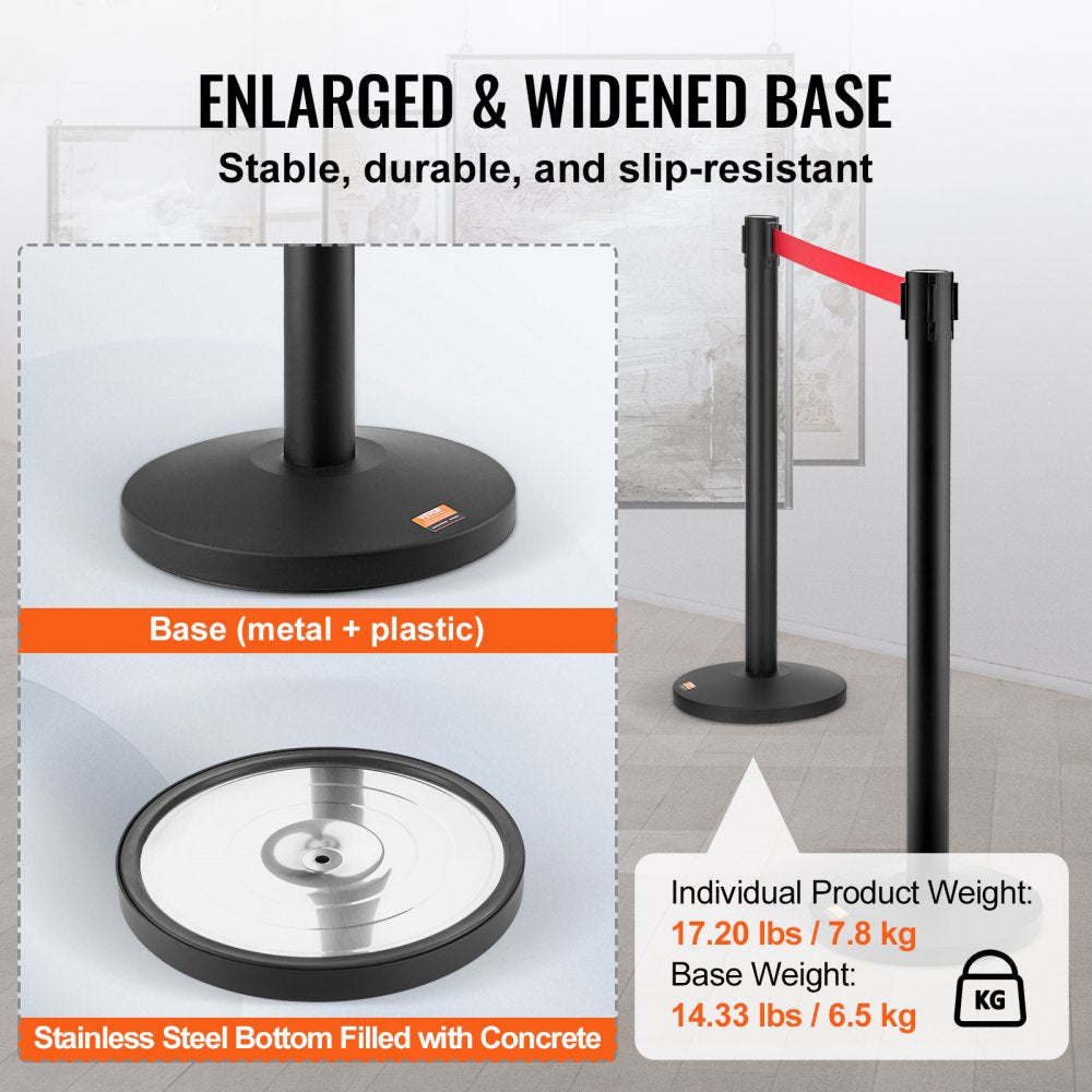 Crowd Control Stanchions, 2-Pack Crowd Control Barriers, Carbon Steel Baking Painted Stanchion Queue Post with 11FT Red Retractable Belt, Belt Barriers Line Divider for Exhibition, Airport