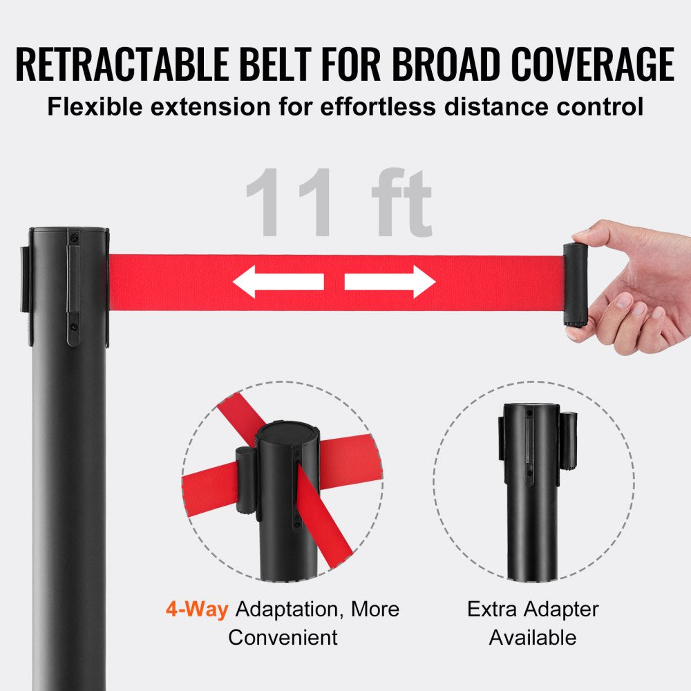 Crowd Control Stanchions, 2-Pack Crowd Control Barriers, Carbon Steel Baking Painted Stanchion Queue Post with 11FT Red Retractable Belt, Belt Barriers Line Divider for Exhibition, Airport