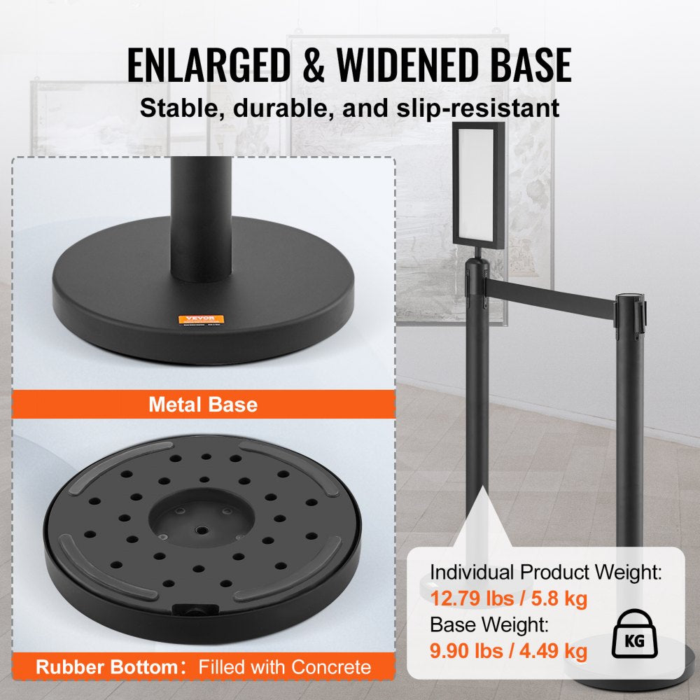 Crowd Control Stanchions, 6-Pack Crowd Control Barriers, Carbon Steel Baking Painted Stanchion Queue Post with Sign Holder & 3PCS 6.5FT Retractable Belt, Belt Barrier Line Divider, Easy Assembly