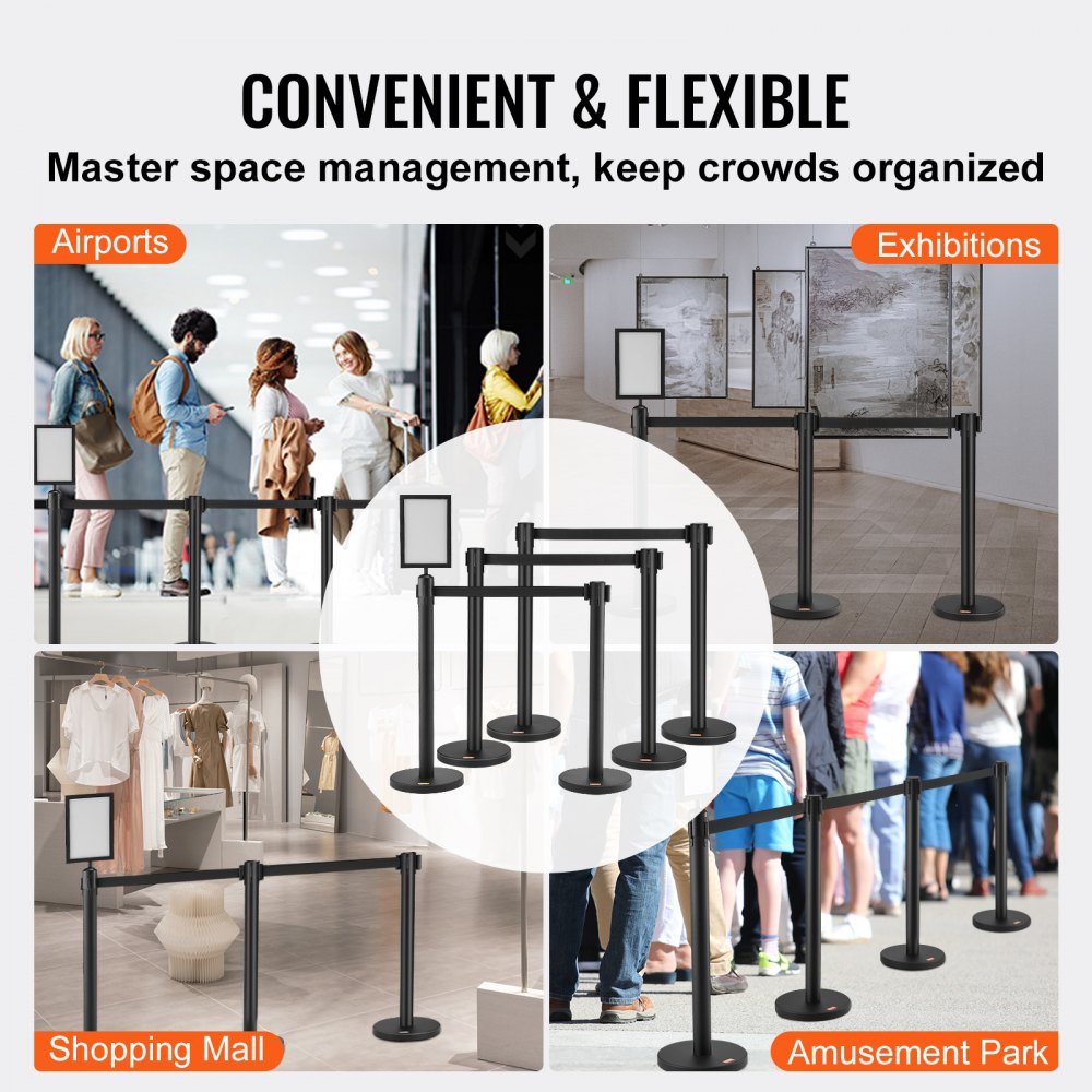 Crowd Control Stanchions, 6-Pack Crowd Control Barriers, Carbon Steel Baking Painted Stanchion Queue Post with Sign Holder & 3PCS 6.5FT Retractable Belt, Belt Barrier Line Divider, Easy Assembly