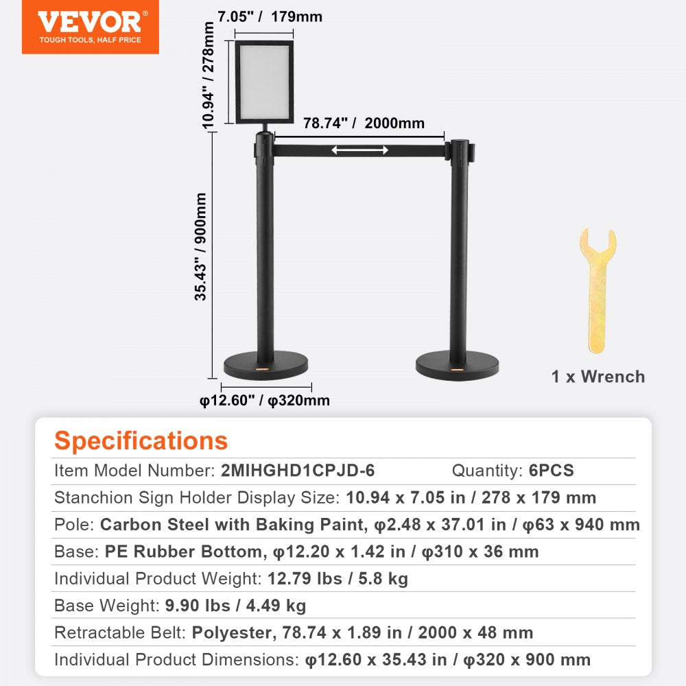 Crowd Control Stanchions, 6-Pack Crowd Control Barriers, Carbon Steel Baking Painted Stanchion Queue Post with Sign Holder & 3PCS 6.5FT Retractable Belt, Belt Barrier Line Divider, Easy Assembly