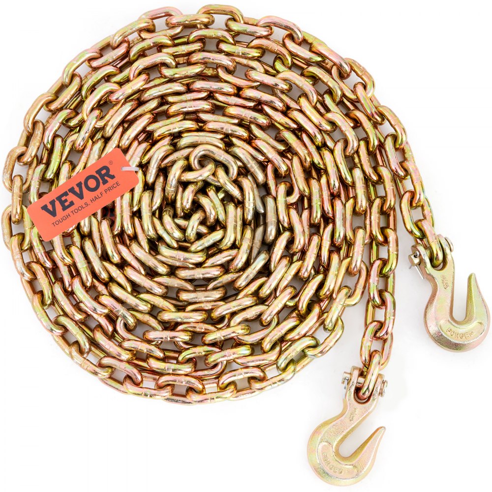 Transport Binder Chain, 7100 lbs Working Load Limit, 3/8`` x 20` G80 Tow Chain Tie Down with Grab Hooks, DOT Certified, Galvanized Coating Manganese Steel for Dock Factory Construction Site