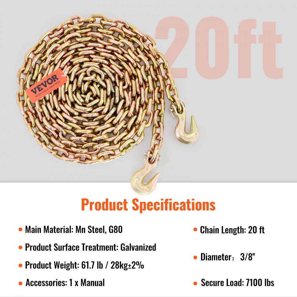 Transport Binder Chain, 7100lbs Working Load Limit, 3/8``x20` G80 Tow Chain Tie Down with Grab Hooks, DOT Certified, Galvanized Coating Manganese Steel for Dock Factory Construction Site, 2 Pack
