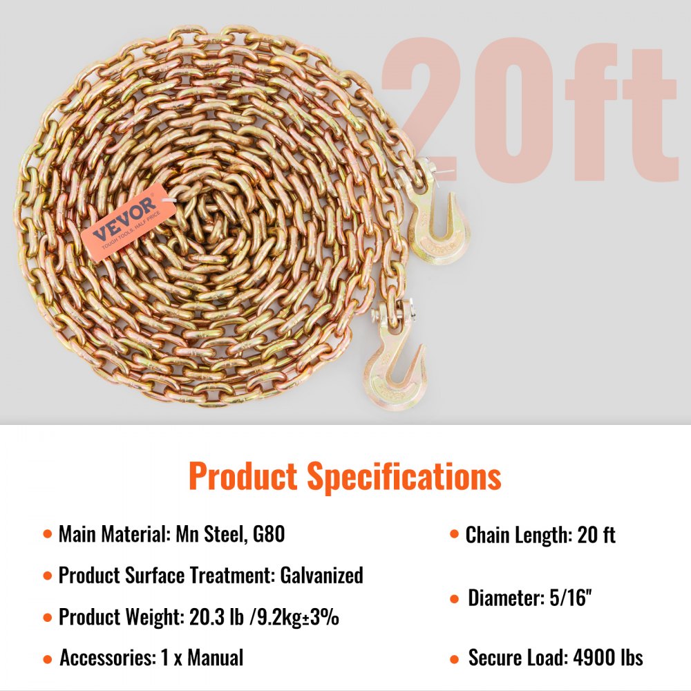 Transport Binder Chain, 4900 lbs Working Load Limit, 5/16`` x 20` G80 Tow Chain Tie Down with Grab Hooks, DOT Certified, Galvanized Coating Manganese Steel for Dock Factory Construction Site