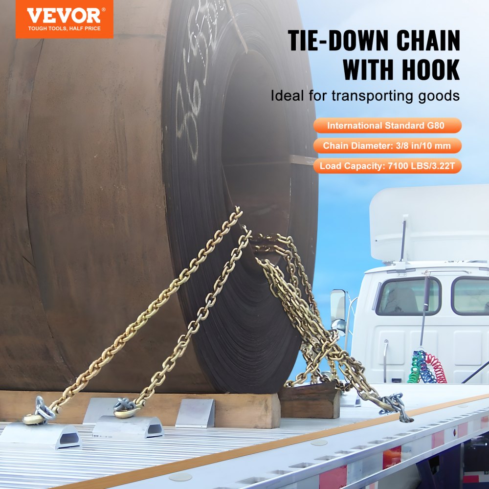 Binder Chain G80 Tie Down Tow Chain with Two Hooks 3/8" x 10.3` 7100 lbs