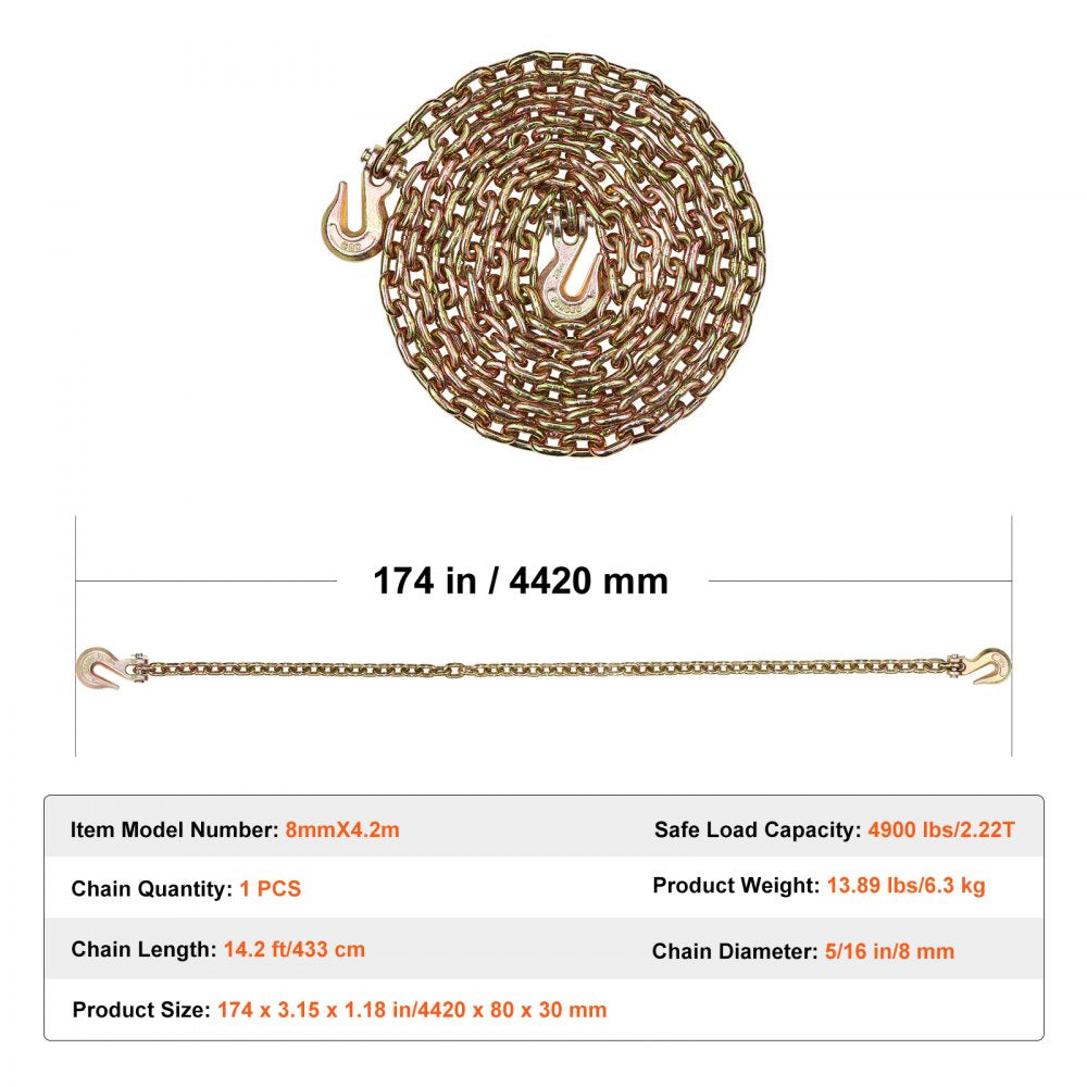 Binder Chain G80 Tie Down Tow Chain with Two Hooks 5/16" x 14.2` 4900 lbs