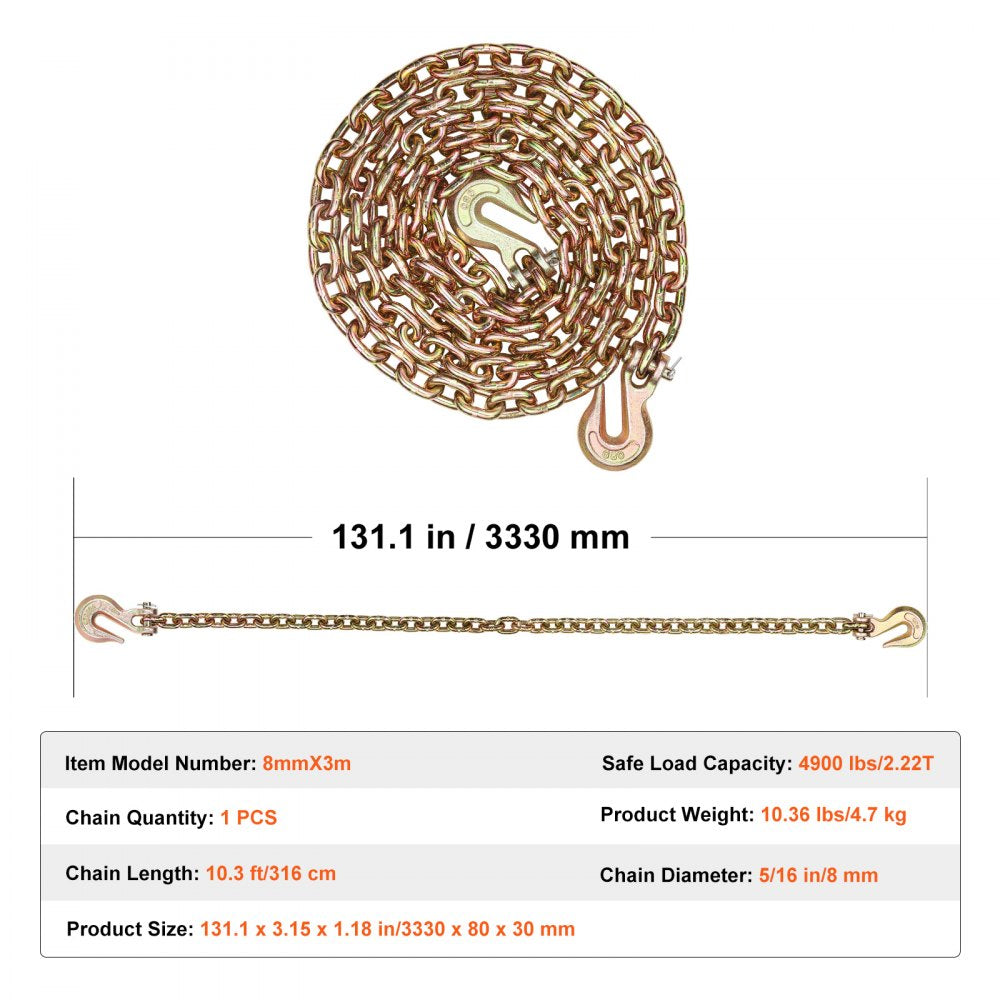 Binder Chain G80 Tie Down Tow Chain with Two Hooks 5/16" x 10.3` 4900 lbs