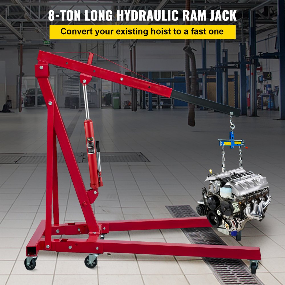 Hydraulic Long Ram Jack, 8 Tons/17363 lbs Capacity, with Single Piston Pump and Clevis Base, Manual Cherry Picker w/Handle, for Garage/Shop Cranes, Engine Lift Hoist, Red