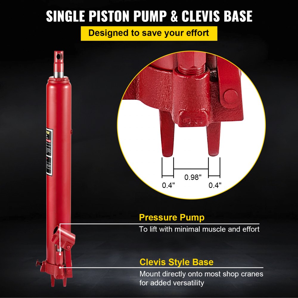Hydraulic Long Ram Jack, 8 Tons/17363 lbs Capacity, with Single Piston Pump and Clevis Base, Manual Cherry Picker w/Handle, for Garage/Shop Cranes, Engine Lift Hoist, Red