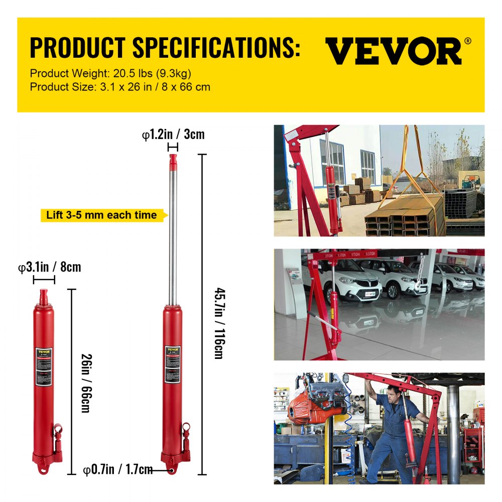 Hydraulic Long Ram Jack, 8 Tons/17363 lbs Capacity, with Single Piston Pump and Clevis Base, Manual Cherry Picker w/Handle, for Garage/Shop Cranes, Engine Lift Hoist, Red