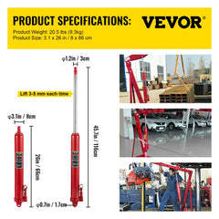 Hydraulic Long Ram Jack, 8 Tons/17363 lbs Capacity, with Single Piston Pump and Clevis Base, Manual Cherry Picker w/Handle, for Garage/Shop Cranes, Engine Lift Hoist, Red