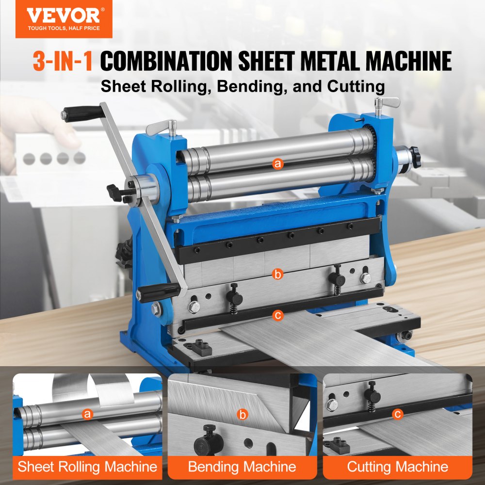 Sheet Metal Brake, 12-inch, 3-In-1 Combination Shear Brake Roll Machine, 20-Gauge Capacity Shear Press Brake with 90° Max Bending Angle, Shears and Slip Roll Machine for Shear Bending Rolling
