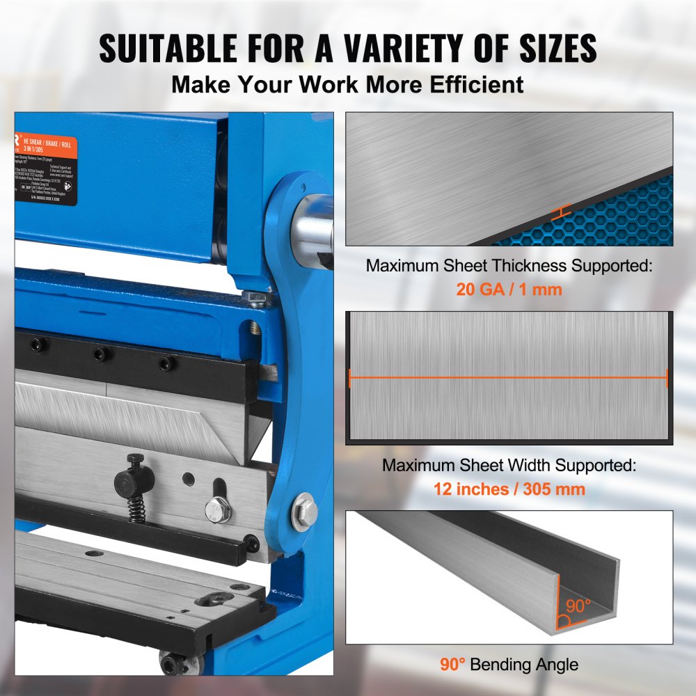 Sheet Metal Brake, 12-inch, 3-In-1 Combination Shear Brake Roll Machine, 20-Gauge Capacity Shear Press Brake with 90° Max Bending Angle, Shears and Slip Roll Machine for Shear Bending Rolling