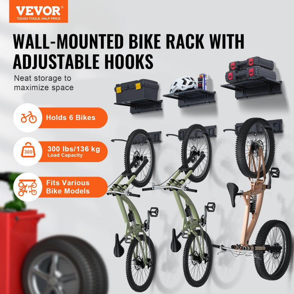 Bike Storage Rack Wall Mount Garage Bike Holder & 3 Shelves for 6 Bicycles