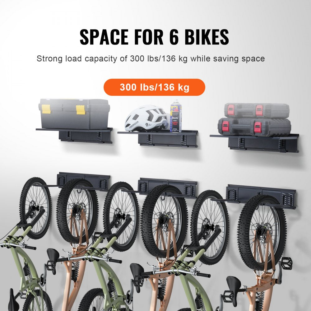 Bike Storage Rack Wall Mount Garage Bike Holder & 3 Shelves for 6 Bicycles