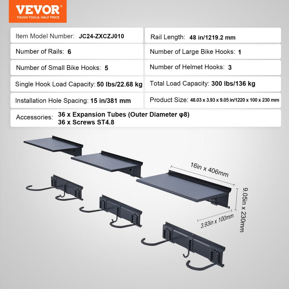 Bike Storage Rack Wall Mount Garage Bike Holder & 3 Shelves for 6 Bicycles