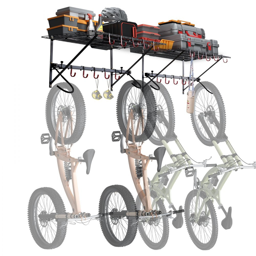 Bike Storage Rack Wall Mount Garage Bike Holder & 2 Shelves for 4 Bicycles